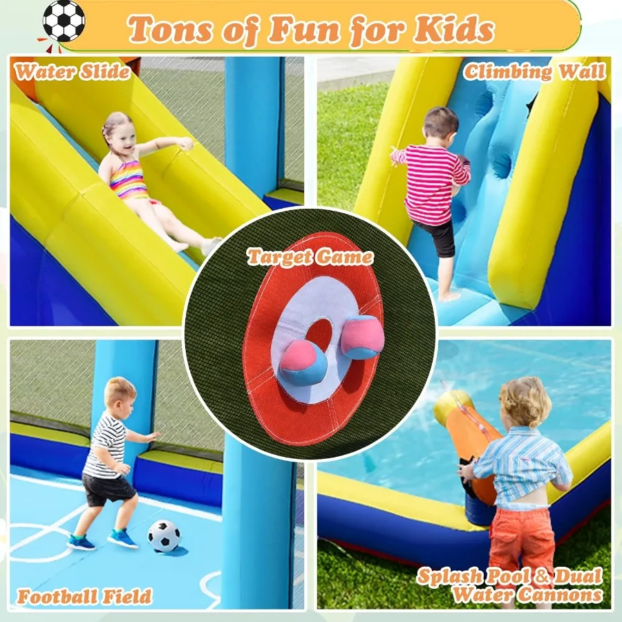 Toboggan aquatique gonflable 8 en 1, maison de rebond, parc aquatique avec buts de football, piscine anti-éclaboussures, mur d'escalade, pistolets à eau, jeu de cible, extérieur