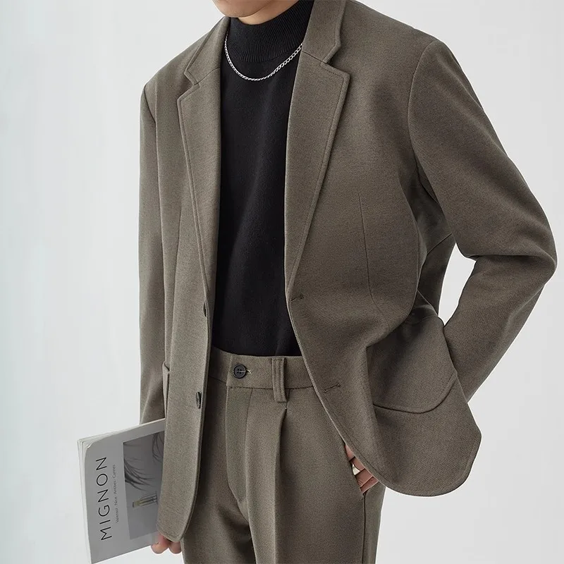 Korean Style Autumn Winter Men Solid Color Single Breasted Long Sleeve Casual Business Daily Simple Basic Suit Blazers Male Coat