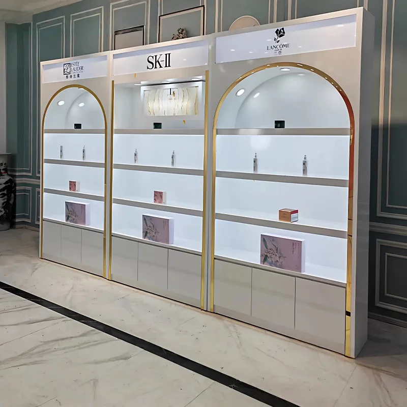 custom.Multi-Tiered Custom Cosmetic Display Stand LED Lighting Heavy Duty Design Glass Back Ultra Modern Retail Sho
