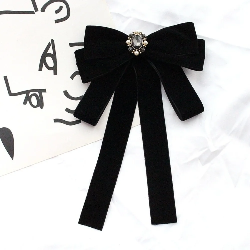 Sparkling Velvet Black Ribbon Pin Rhinestones Pearl Black Bow Necktie Pin Beads Ribbon Badge Brooch Men