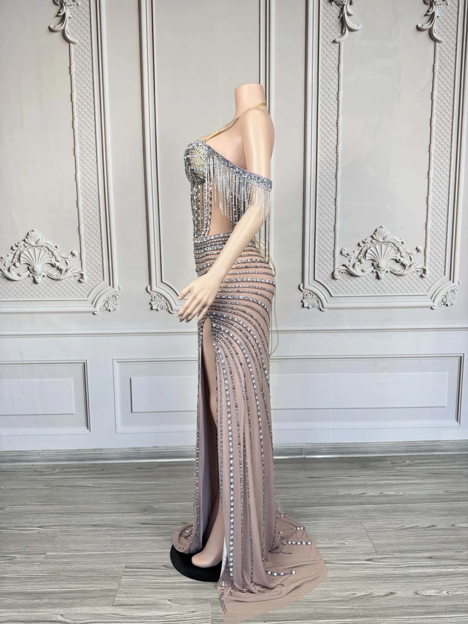 Gorgeous Rhinestone Fashionable Evening Dress Sexy off Shoulder Slit Dress Birthday Wedding Banquet Party Celebrity Dress saidao