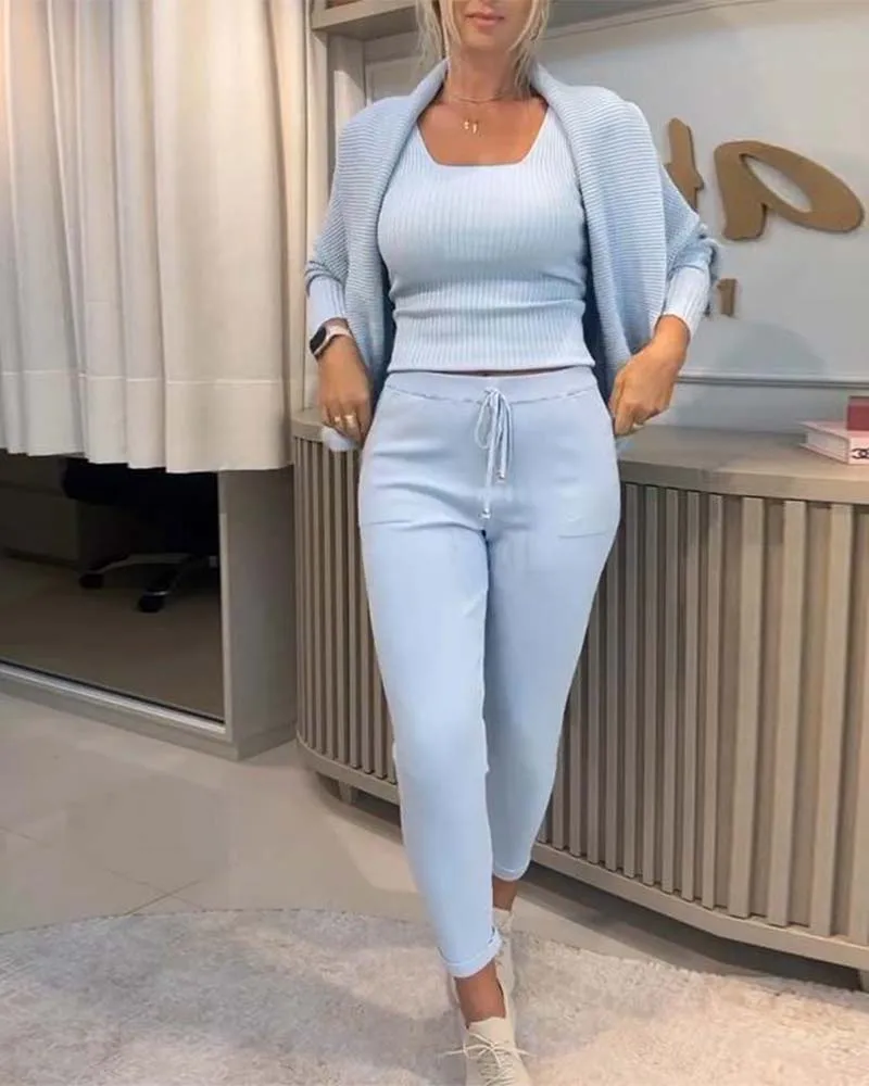3Pcs Asymmetrical Neck Ribbed Knit Plain Tank Top & Drawstring Waist Pocket Design Pants Set with Batwing Sleeve Short Cardigan