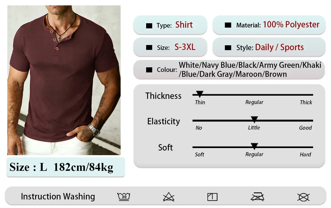 Sommer Herren Henley T-Shirt mit Kurzen Ärmeln, Einfarbig, Leicht und Atmungsaktiv, 3-Knopf-Verschluss, Lässiges Alltags-Basis-Oberteil – Detail 3