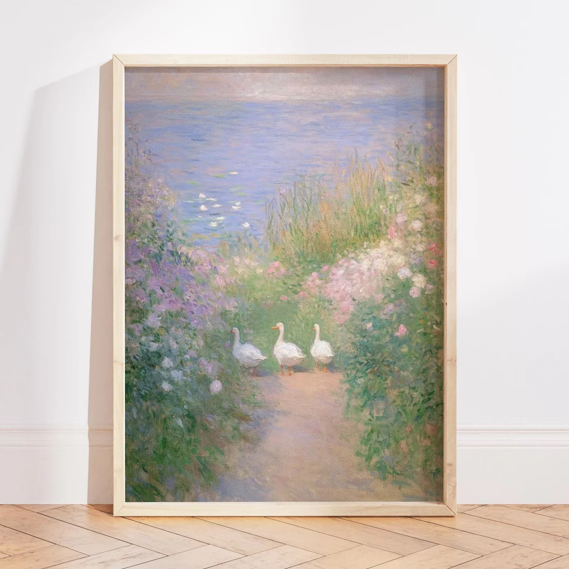 Serene Monet-Style Lakeside Wall Print Decor - Soft Impressionist Painting of Three White Geese Walking Along a Flower-Lined Pat
