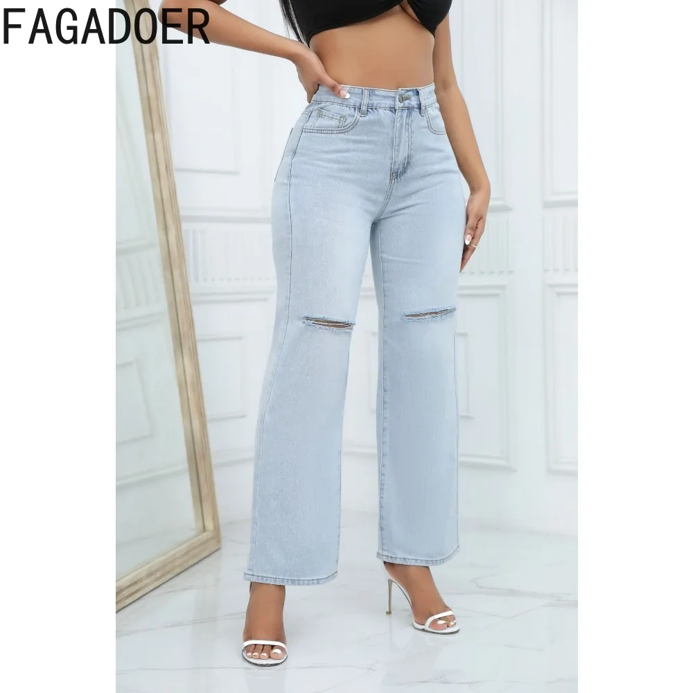 FAGADOER Casual Hole Denim Wide Leg Pants Women High Waisted Button Straight Jean Trousers Female Matching Cowboy Bottoms 2023