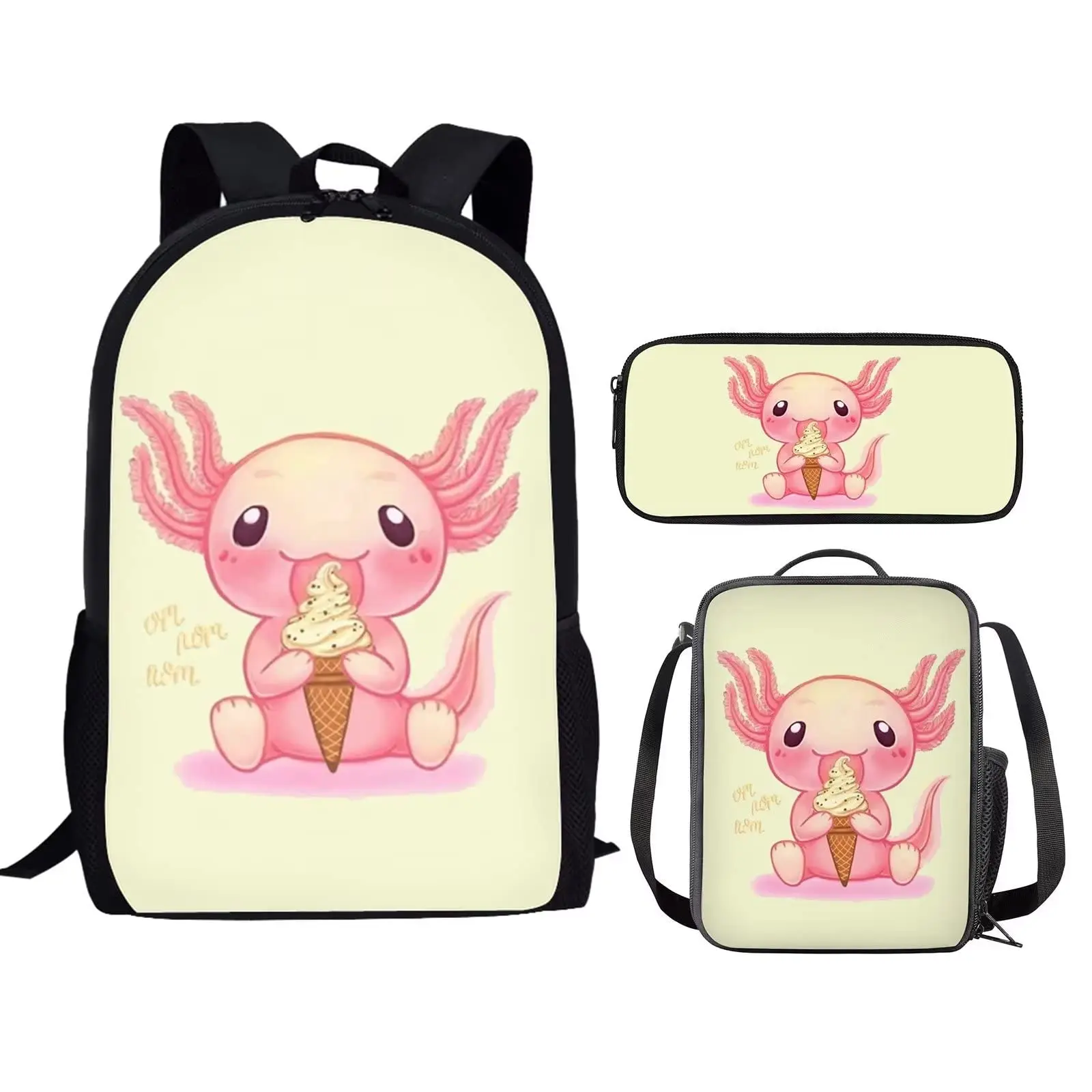 Axolotl-Sac à dos d'école mignon pour adolescents, sacs à livres de campus pour filles et garçons, sac à lunch thermique, étui à crayons, cadeaux, aucune fleur