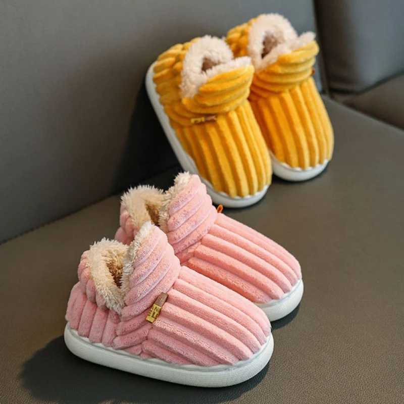 Autumn Winter Children Casual Shoes Toddler Kids Solid Striped Home Shoes Warm Plush Indoor Non-Slip Soft Slipper For Boys Girls