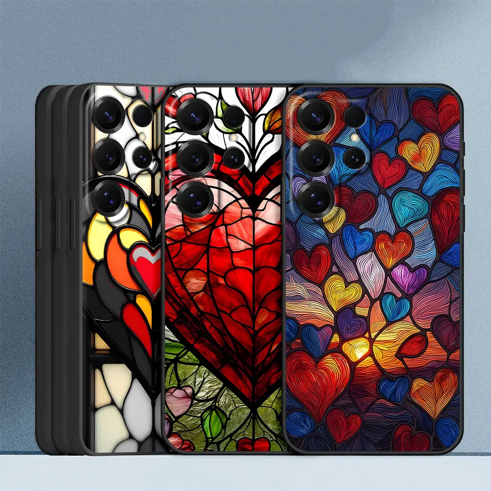 Stained Glass Heart Vintage Art Case For Samsung Note 20 Ultra 5G 9 10 Plus Black TPU Phone Cover M12 J6 Plus J7 J8 2018 M22 M02