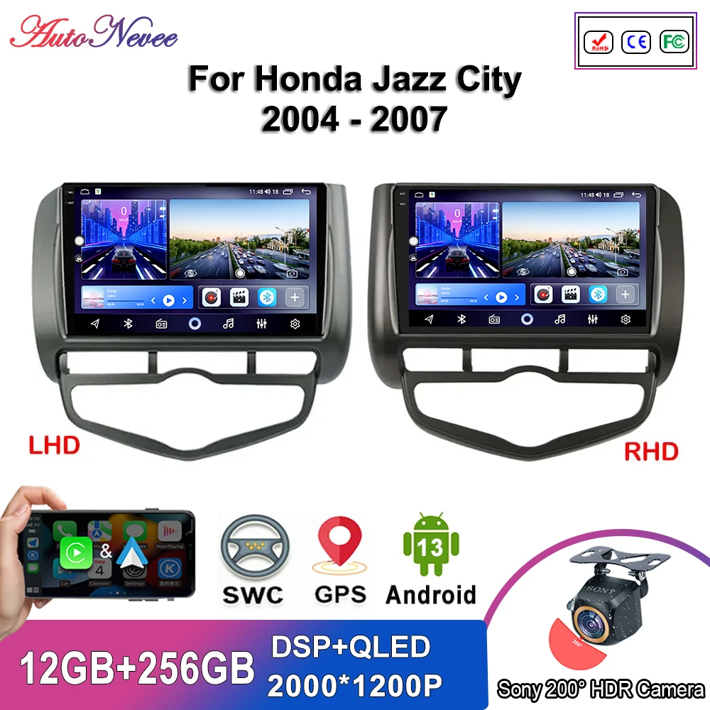 

Беспроводная Автомагнитола Carplay 8G + 256G для Honda Jazz City 2004 - 2007 Android 13 навигация GPS мультимедийный видеоплеер видеорегистратор