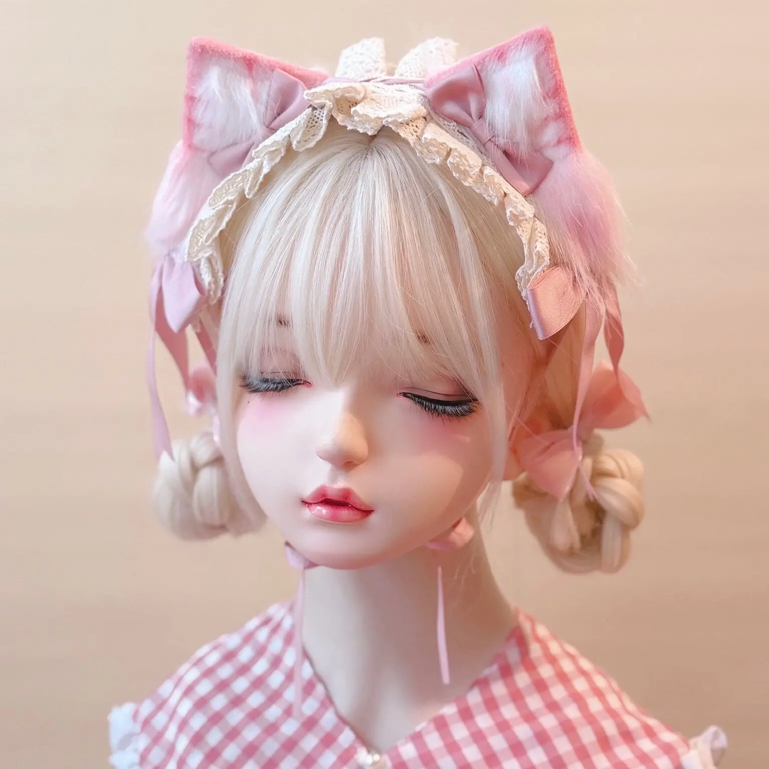 Original Handmade Plush Cat Ear Lace Ribbon Headband Beast Ear Lolita Lace Pleated Bnt Pink Headband for Women