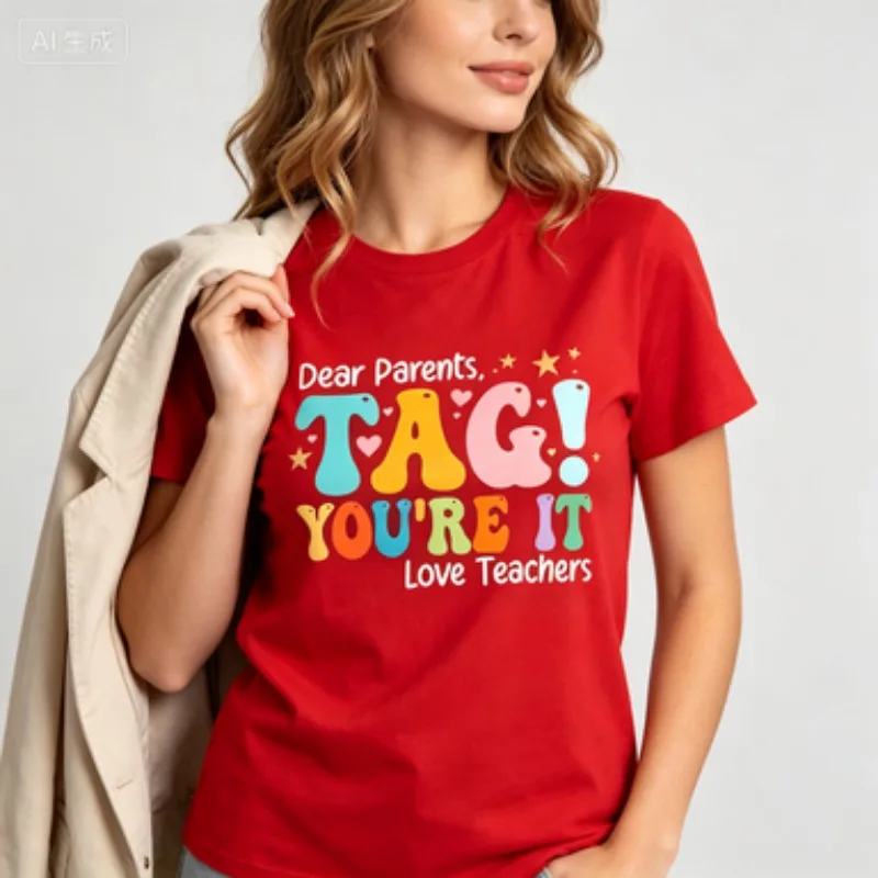 Pure Cotton Tee Retro Multicolor Bubble Font Funny Saying Gift For Teachers End Of School Humorous Casual Short Sleeve Tops
