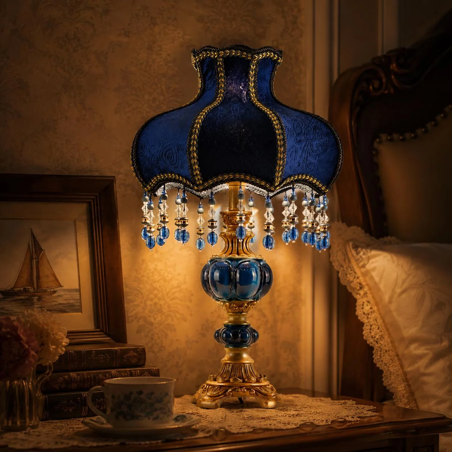REVEN Victorian Style Blue Table Lamp with Fabric Lampshade Crystal Beads Resin Base Accent Light for Bedroom Office