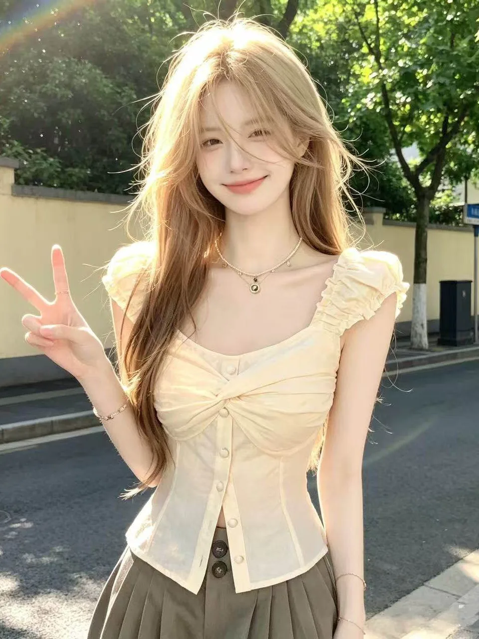 

Summer New Design Knot Short Sleeve Shirt Women's Square Collar Slimming French Style Cotton Shirt Waist Cinched Elegant Top