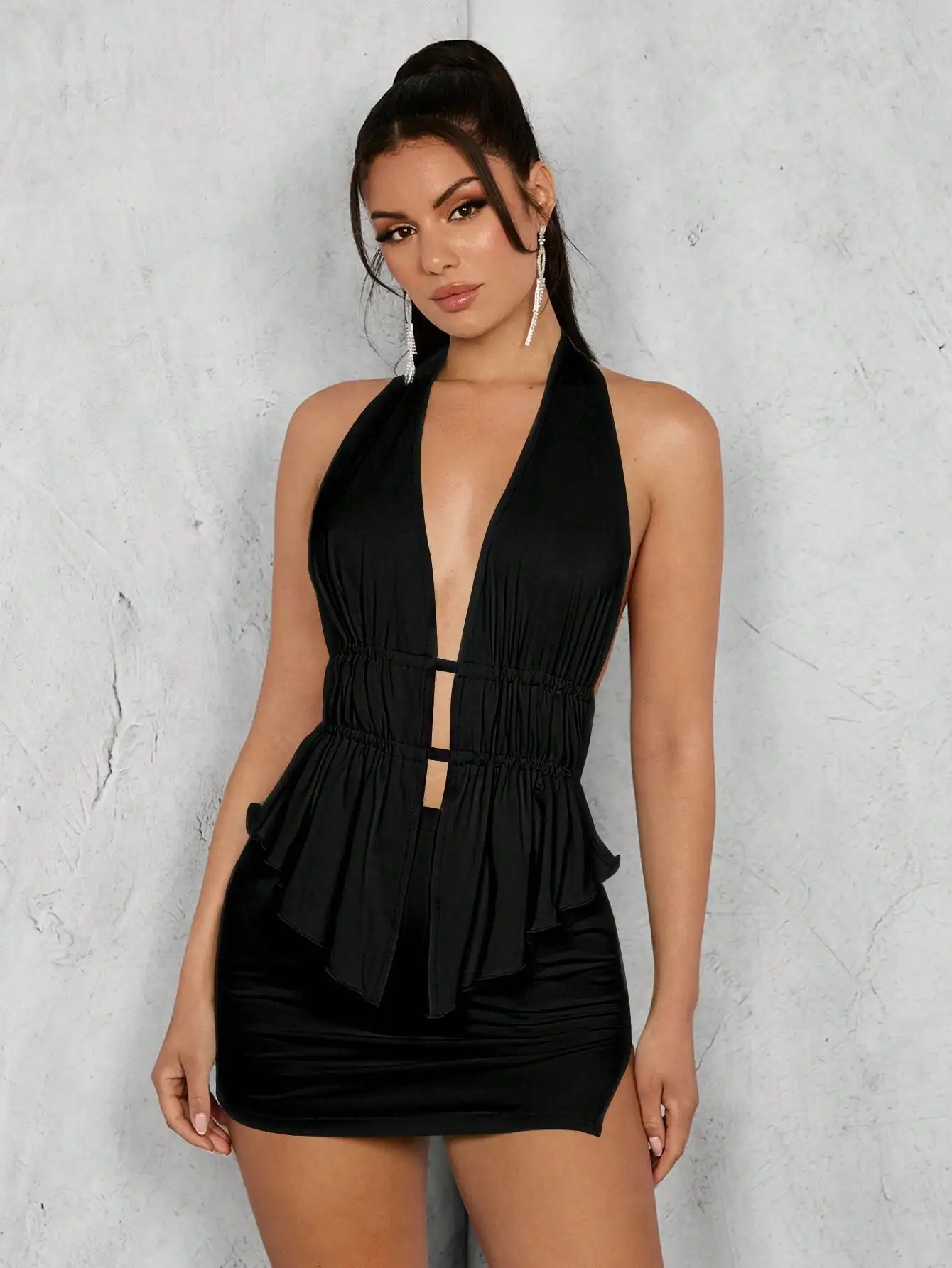 

Black Halter Neck Hollow-Out Pleated Mini Dress Set for Women