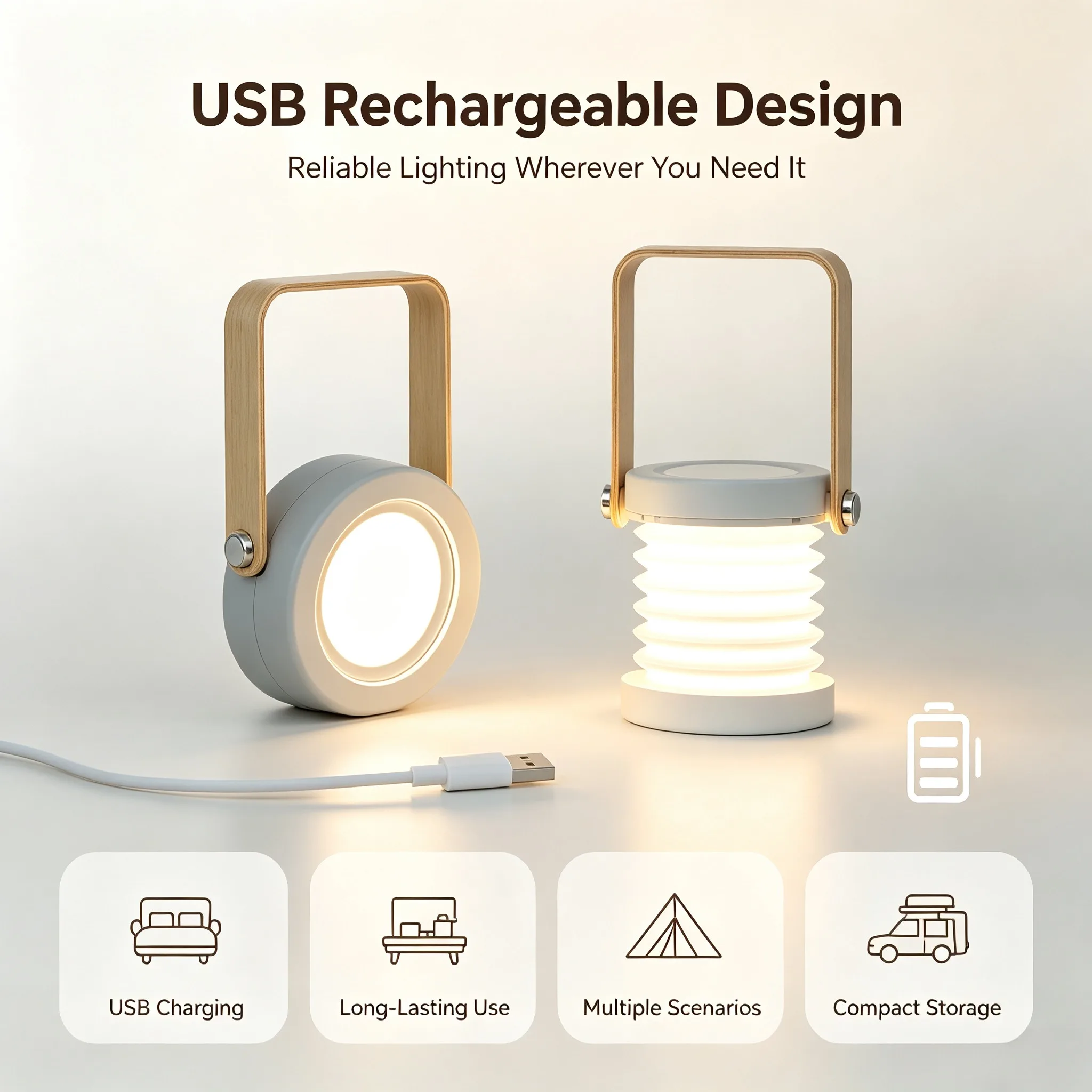 Portable LED Folding Lamp, Wood Handle Telescopic Night Light, USB Charging Reading Lantern Table Lamp for Bedroom Camping Decor
