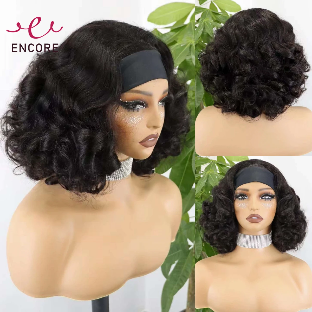 14Inch Machine Made Bob Wigs for Black Women 200% Density Bouncy Loose Headband Bob Wigs Natural Brazilian Remy Human Hair Wigs