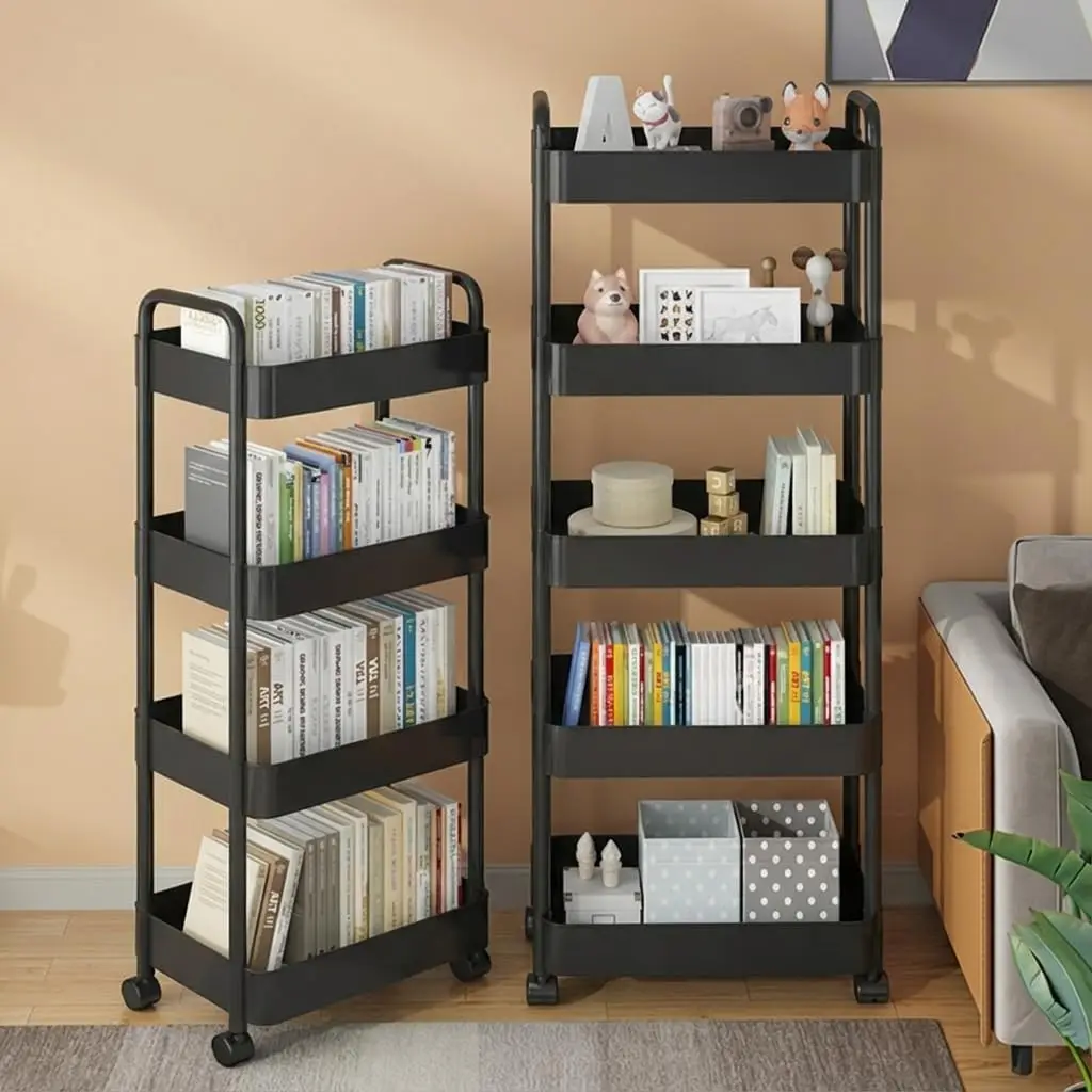5-Tier Rolling Cart, Plastic Storage Cart with Handle, Plastic Utility Shelving, Space-Saving Mobile Organizer Carts for Kitchen, Bathroom, Laundry, Black