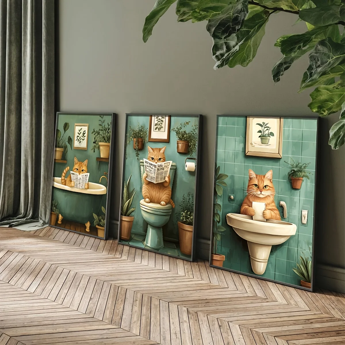 1/3 Stück Lustiger Badezimmer-Leinwanddruck mit Orangefarbener Katze, Verspielte Katze, die Zeitung liest, Wandkunst-Poster für Kinderzimmer, Heimdekoration, Geschenk