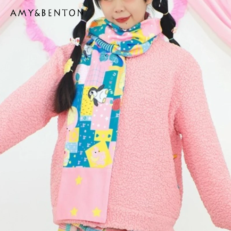 

Original Design Colorful Fleece Women's Apparel Accessories Japanese Style 2025 Winter New Sweet Cute Girl Warm Scarf Ladies