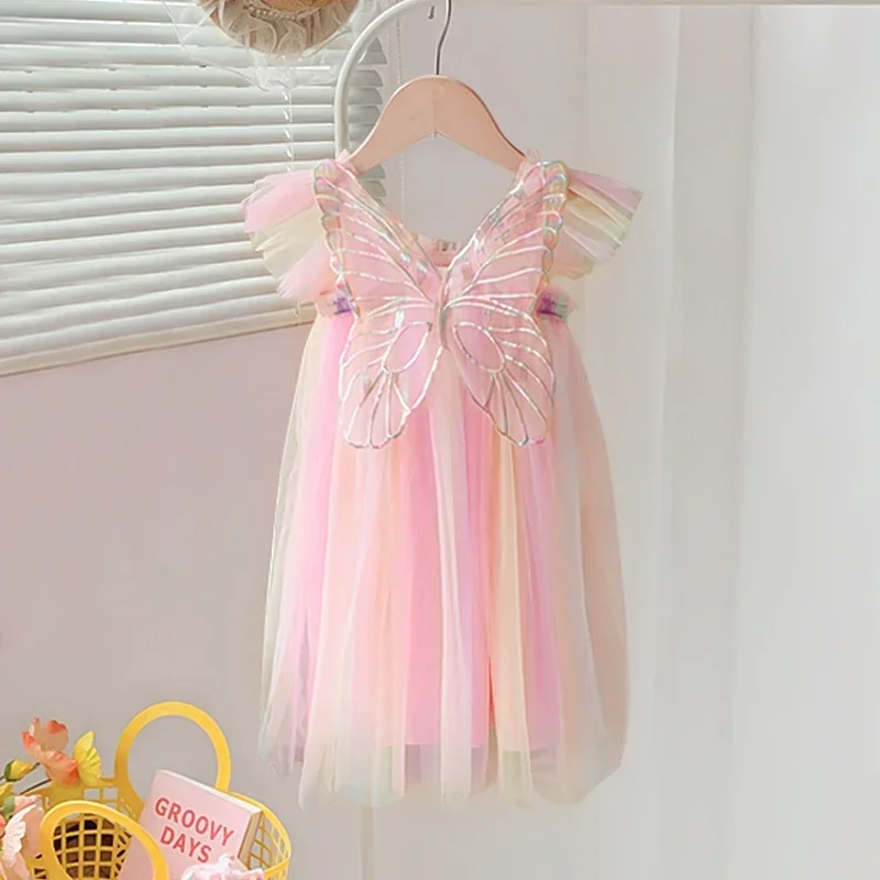 Baby Girls Gradient Rainbow Tulle Sling Dress Back Butterfly Mesh Vestido Vintage Children Wedding Birthday Party Princess Dress