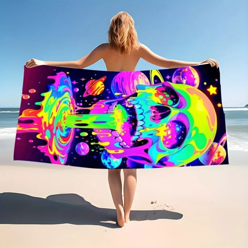 Colorful Skull & Planet Beach Towel Patterned Sunscreen And Windproof Suitable For Swimming Pool Camping Travel Blanket