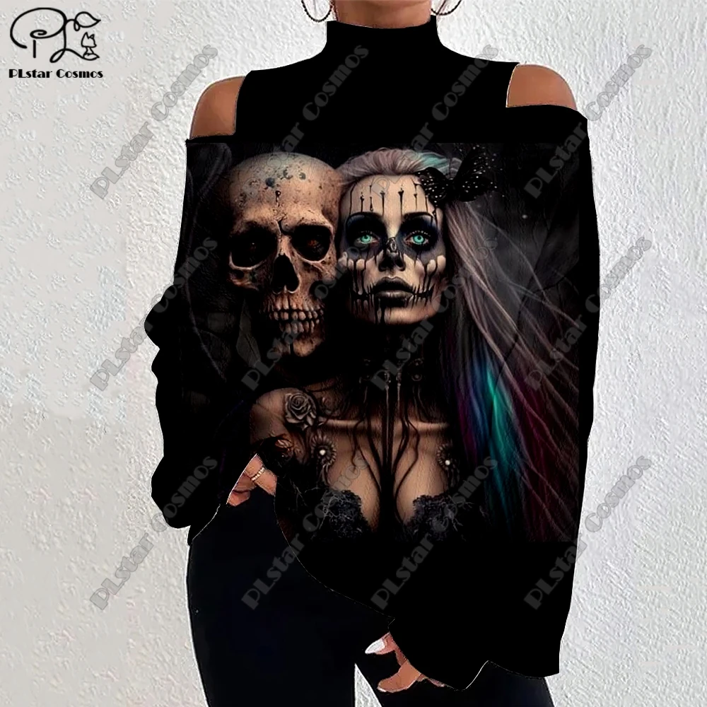 

3D Printed Halloween Horror Death Skeleton Crow Owl Pattern Women's Lantern Sleeve Off Shoulder Textured Casual Long Sleeve w-5