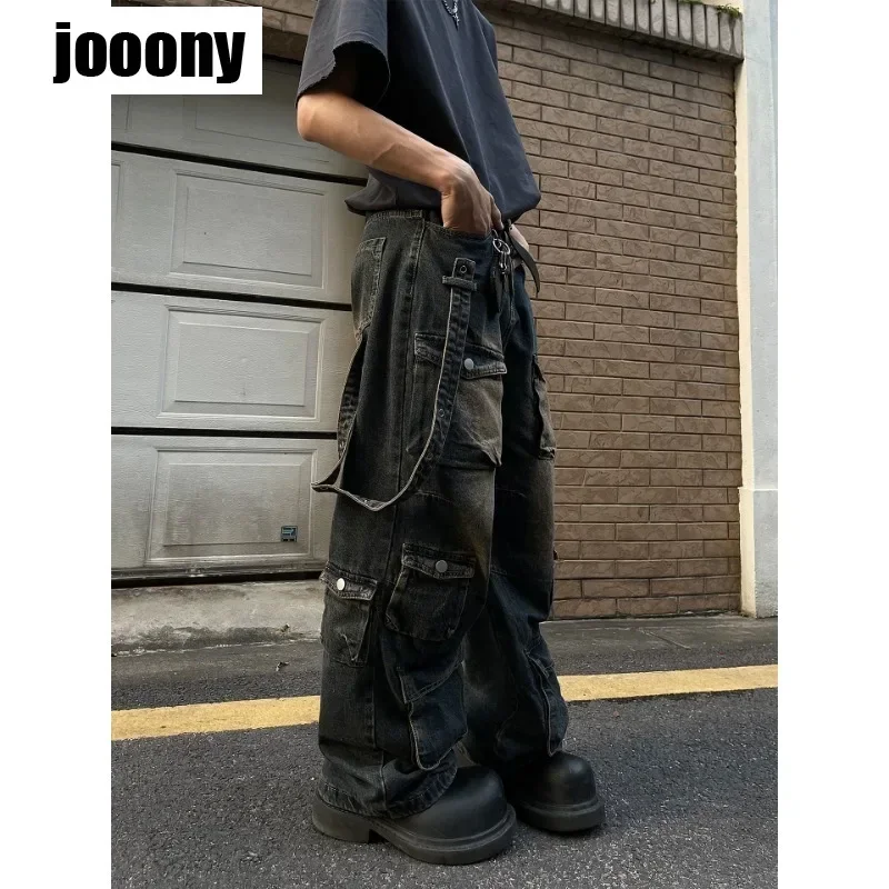 جينز ريترو متعدد الجيوب لعام 2024 للرجال مخصص هاراجوكو شعور متقدم فضفاض مستقيم الساق سراويل هيب هوب جينز فضفاض