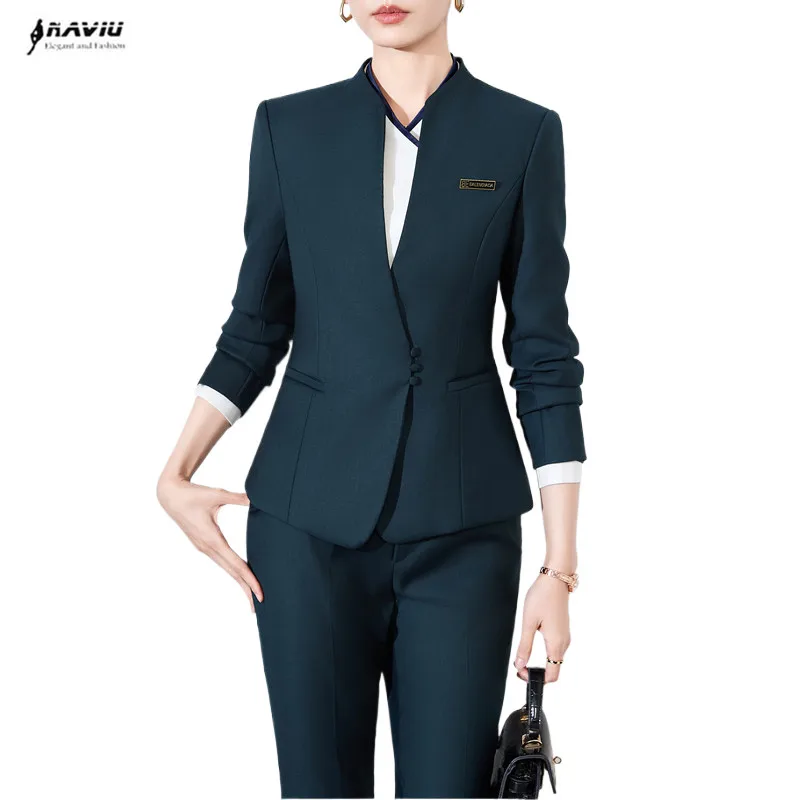 

NAVIU High Quality Fashion Navy Blue Blazer Women Business Suits Pant and Jacket Sets Lady Work Beautician Office Uniform Styles