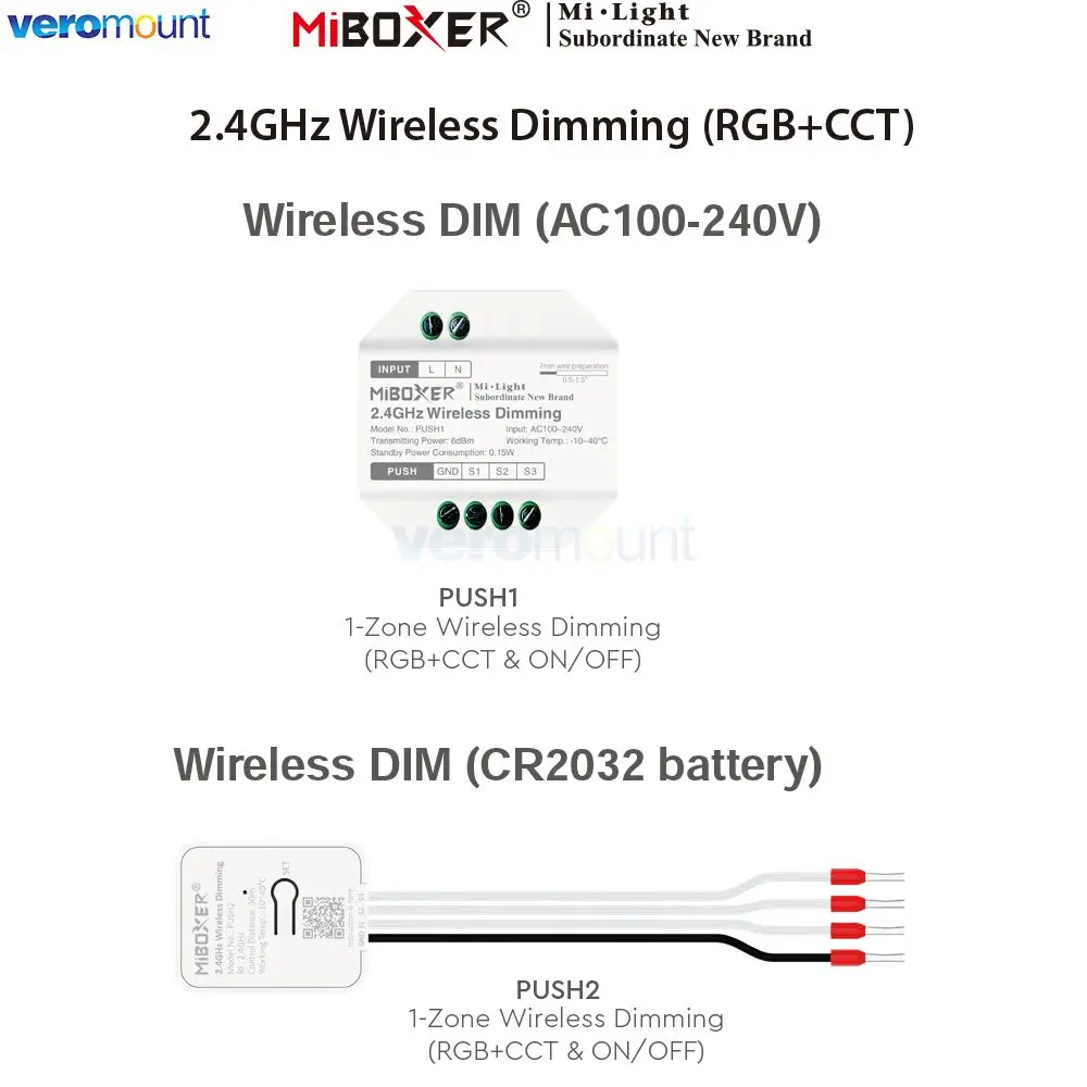 PUSH1 AC110V 220V PUSH2 Battery Powered Wireless Dimming Remote Push Switch for MiBoxer 2.4G RGB+CCT Series LED Lamp Controller