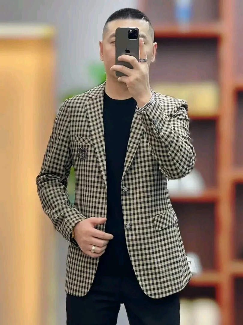 

New Spring Autumn Plaid Men's Suit Comfortable Sli Gentleman Design Versatile Casual Faionable Cheered Busin Suit