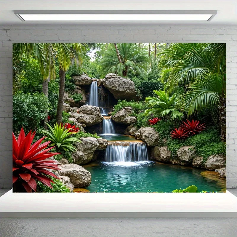 Tropical Waterfall Jungle Palm Tree Lush Greenery Nature Tapestry for Spa Yoga Meditation Relaxation Space Calming Environment