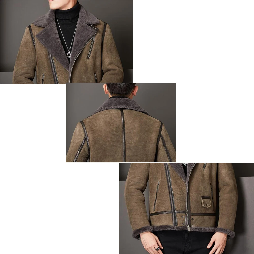 Denny&Dora Mens Shearling Jacket Mens Brown Short Sheepskin Coat Lapel Collar