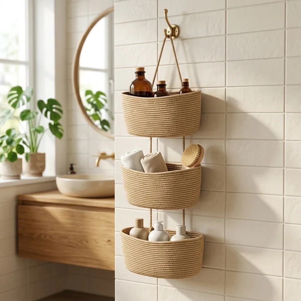 for TeoKJ 3-Tier Cotton Over the Door Hanging Bag 44.5 in Height with Hooks for Nursery Bathroom Closet Organization