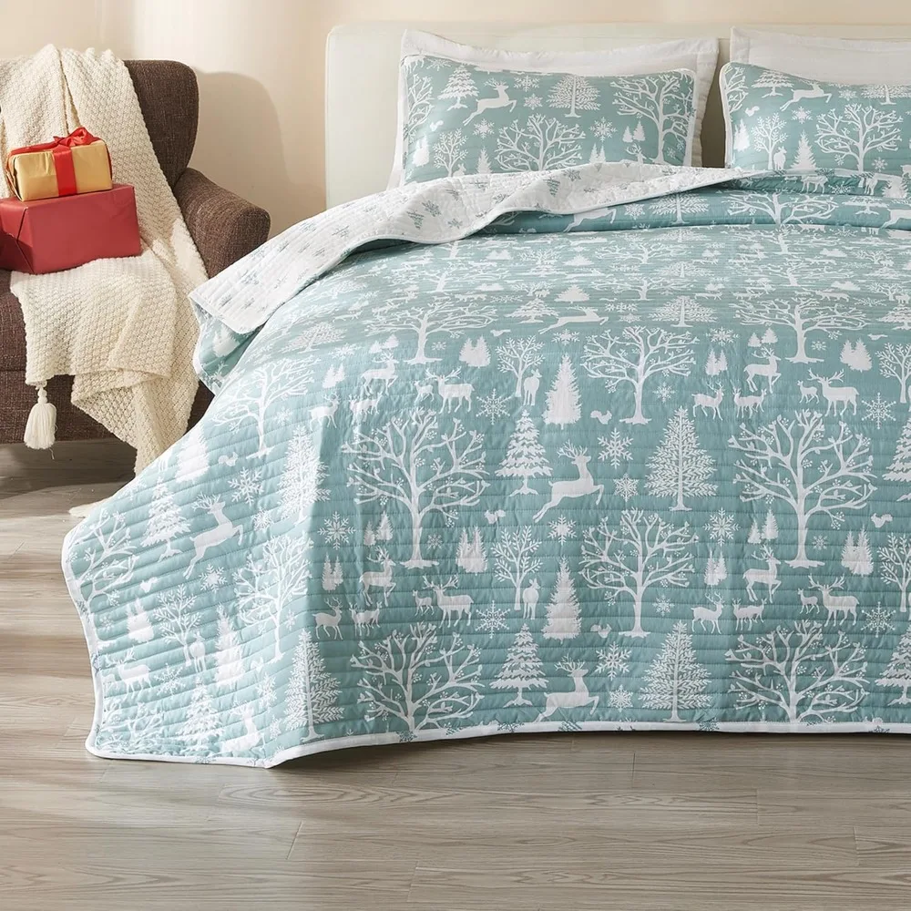 

Full/Queen Blue Winter Forest Quilt Set with Shams - Reversible Bedspread Coverlet with Versatile Holiday Pattern Bedding Set