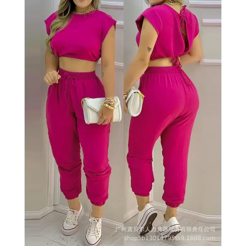 Spring Summer New Women\'s Clothing Solid Color O-neck Short Top Trousers Casual Suit 2 Piece Set