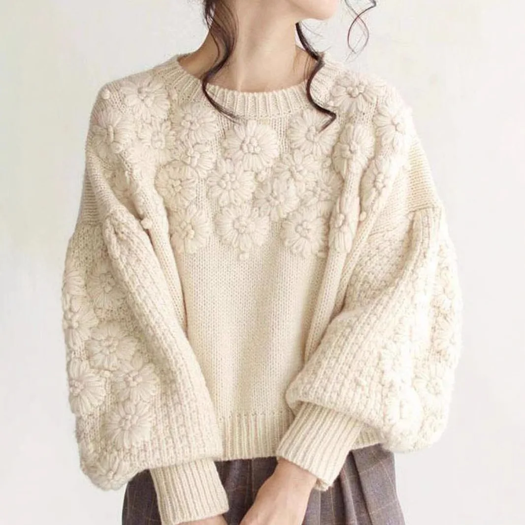Women's Autumn Winter Three-dimensional Daisy Embroidery Round Neck Sweaters Female Loose Knitted Long Sleeve Pullovers