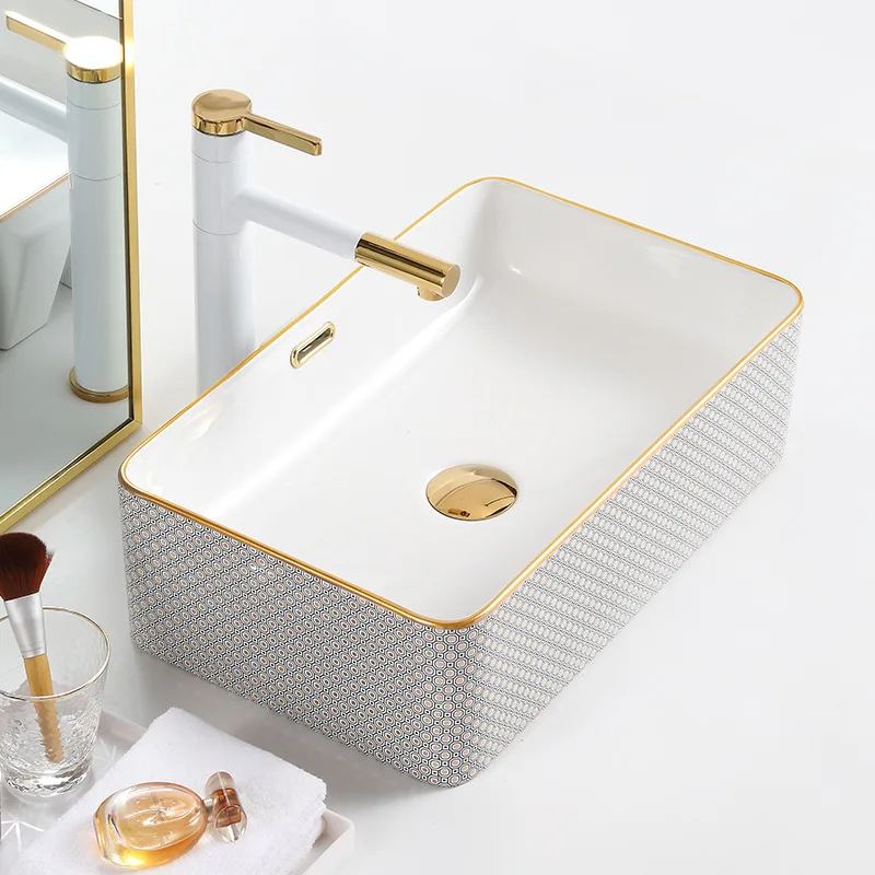 

Gold Light Luxury Ceramic Table Basin Square Wash Basin Bathroom Washbasin Household Wash Basin Sink Laundry Basin