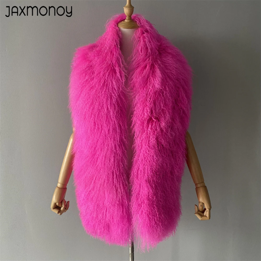 Jaxmonoy Mongolian Fur Coat Women Natural Fur Scarf Autumn Winter Ladies Fashion Luxury Sheep Fur Shawl Female 2023 New Style