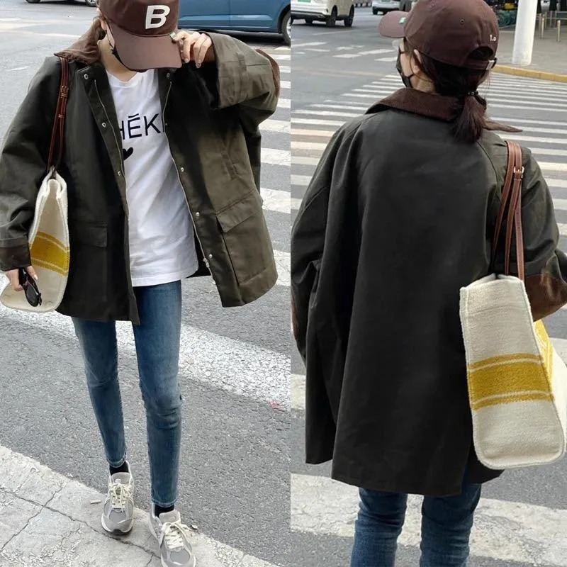 TT@ LUXURY Splicing Corduroy Workwear Jacket, Military Green Hunting Outfit, Retro Cotton Jacket, Women's Spring 2025