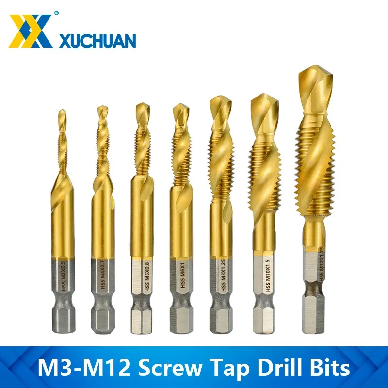 M3-M12 Screw Tap Drill Bit Titanium Coated HSS 4341 6542 Metric Tap 1/4 Shank Spiral Flute Tread Tap Hand Tools