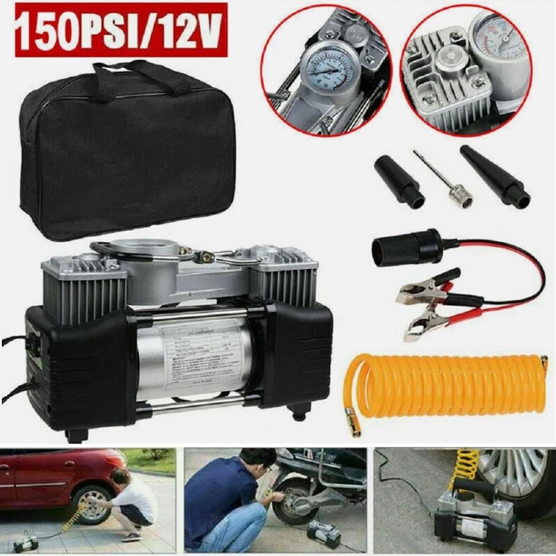 

Автомобильный электрический воздушный насос с манометром, автоматический надувной насос, двухцилиндровый сверхмощный портативный металлический воздушный компрессор 150PSI 12 В