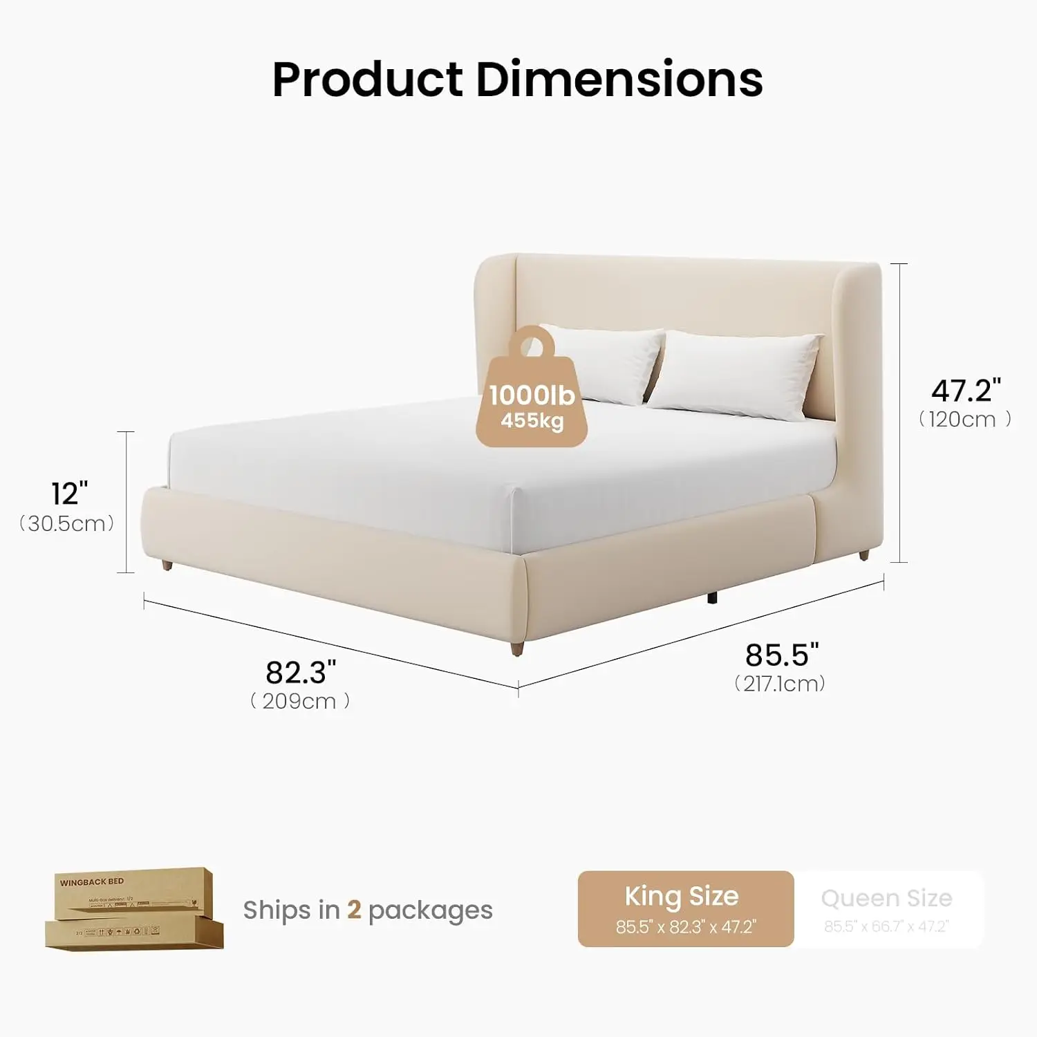 Upholstered Platform Bed Frame Wingback Headboard Beige, Customized