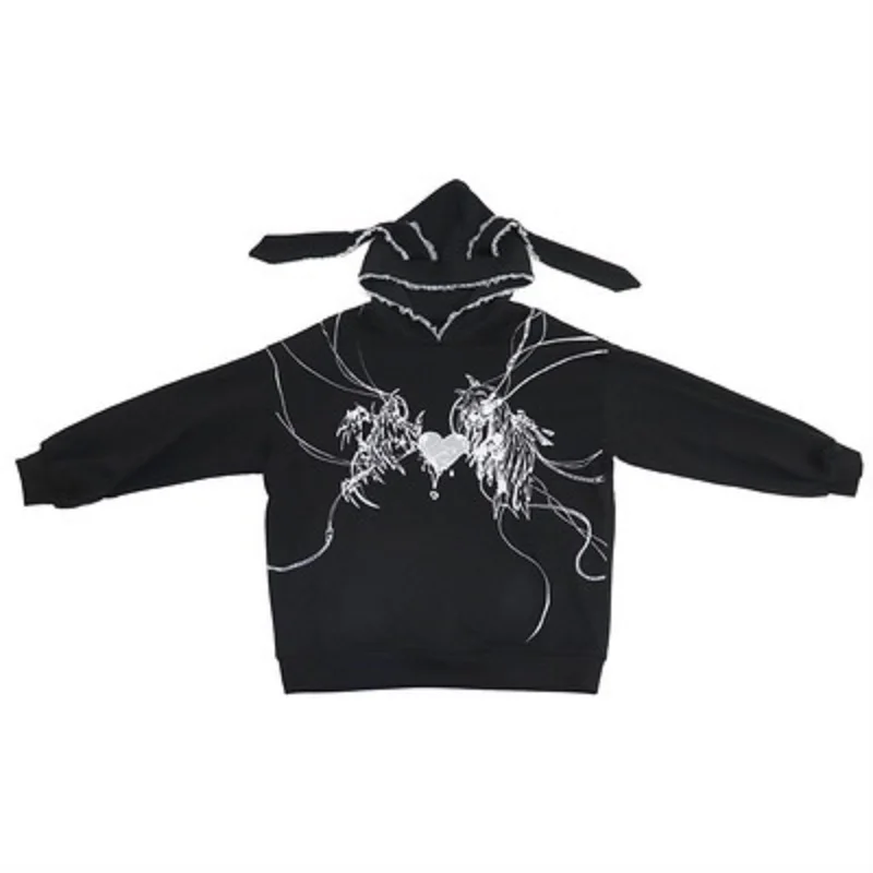 Harajuku Sweatshirt Gothic Lace Rabbit Ears Hoodies Y2k Aesthetic Women Black Punk Hoodies Spring Autumn Mujer Streetwear