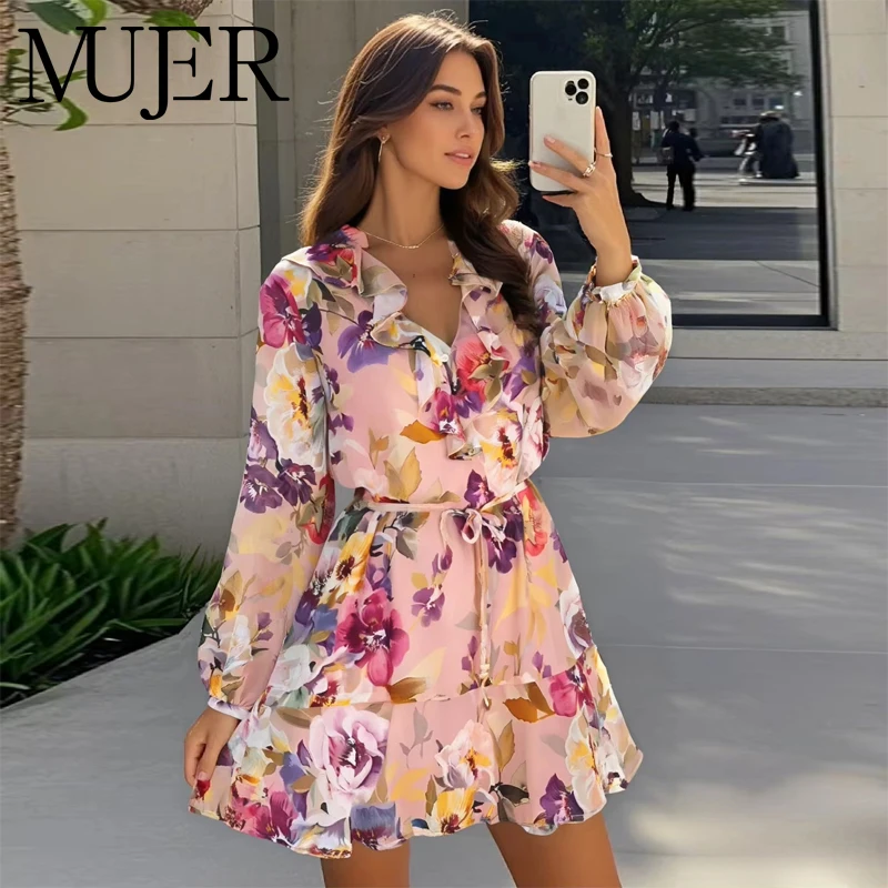 MUJER الأزهار كشكش فستان قصير المرأة الجنية فستان صيفي امرأة 2025 شيك حفلة فساتين قصيرة للمرأة حزام الشاطئ فستان المرأة