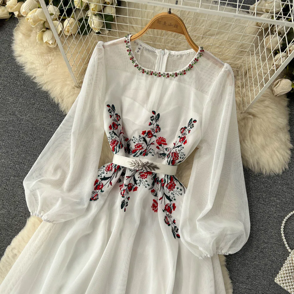 Imagem -04 - Nova Moda Outono Branco Bege Bordado Miçangas Vestido Longo para as Mulheres Elegante o Pescoço Puff Manga Alta Cintura Elegante Festa Robe