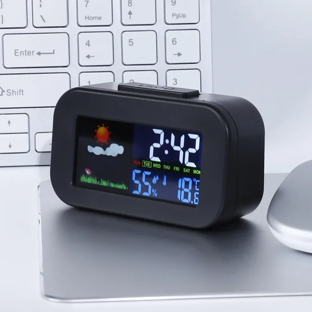 

Weather Station Clock with Color Display - Temp & Humidity Monitor, Backlit for Kids & Teens, Perfect for Bedroom & Dorm Desk