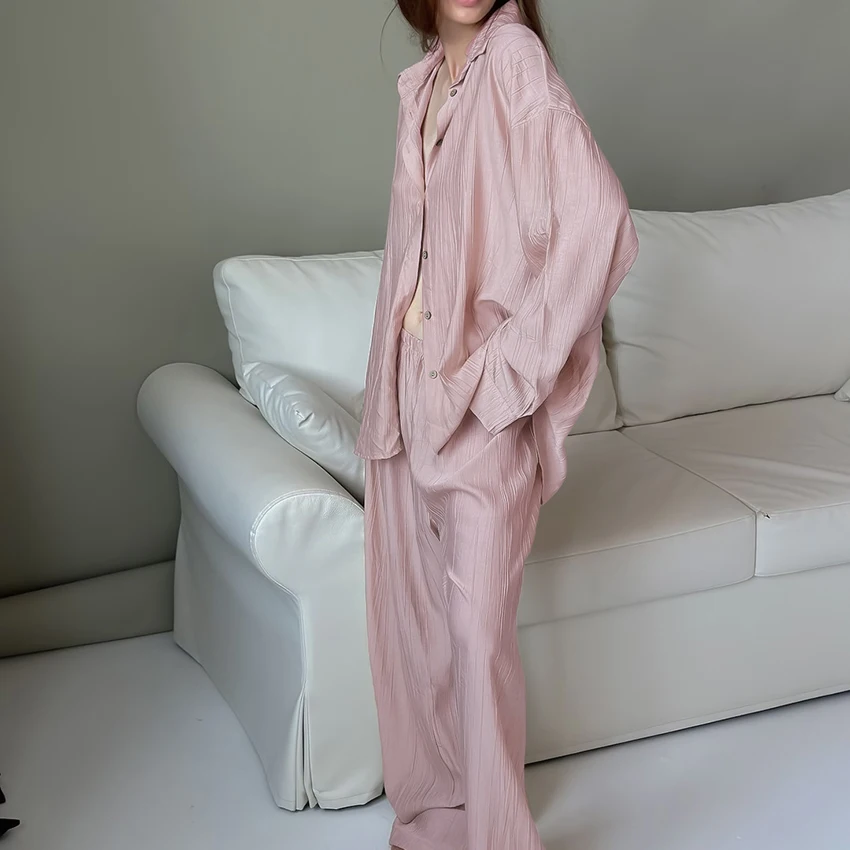 HiLoc Pink Casual Woven Inelastic Women'S Pajamas 2-Piece Long Sleeve Lapel Single-Breasted Top Elastic Waist Full Length Pants