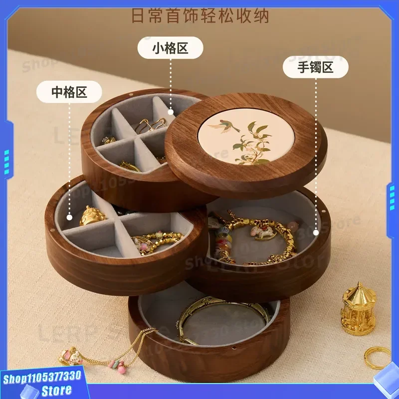 Premium Black Walnut Rotary Jewelry Box Multi-layer Grid Storage for Earrings Necklace Ring Elegant Wooden Organizer Display