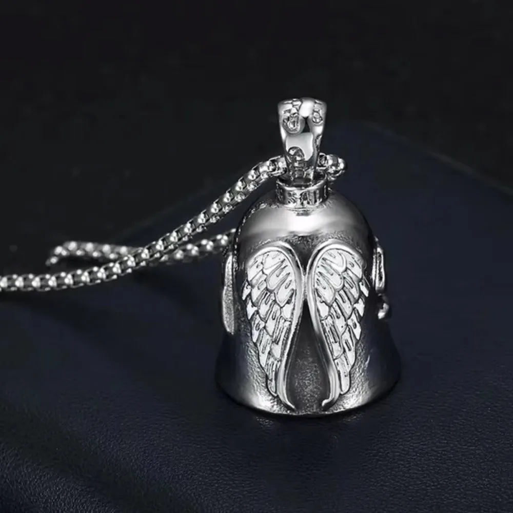 Angel Wings Motorcycle Guardian Bell Pendant Necklace Stainless Steel Vintage Trend Universal Motorcycle Rider Accessories Gift