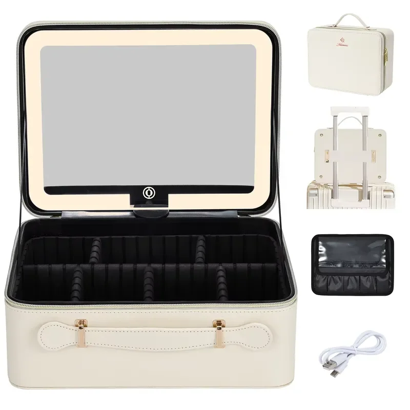 Makeup Case Large Capacity Waterproof PU Leather Cosmetic Organizer with Illuminated Mirror EVA Divider Nail Brush Storage